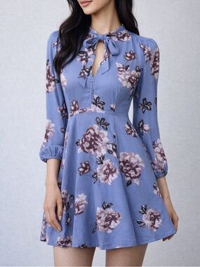 ASTR The Label Dusty Periwinkle Blue Floral Tie Neck Mini Dress Romantic Small